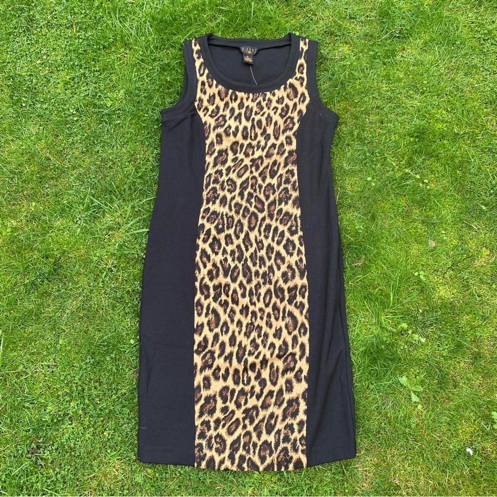 NWT Iman Size M Black Leopard Animal Print Sleeveless Stretch Shift Dress
